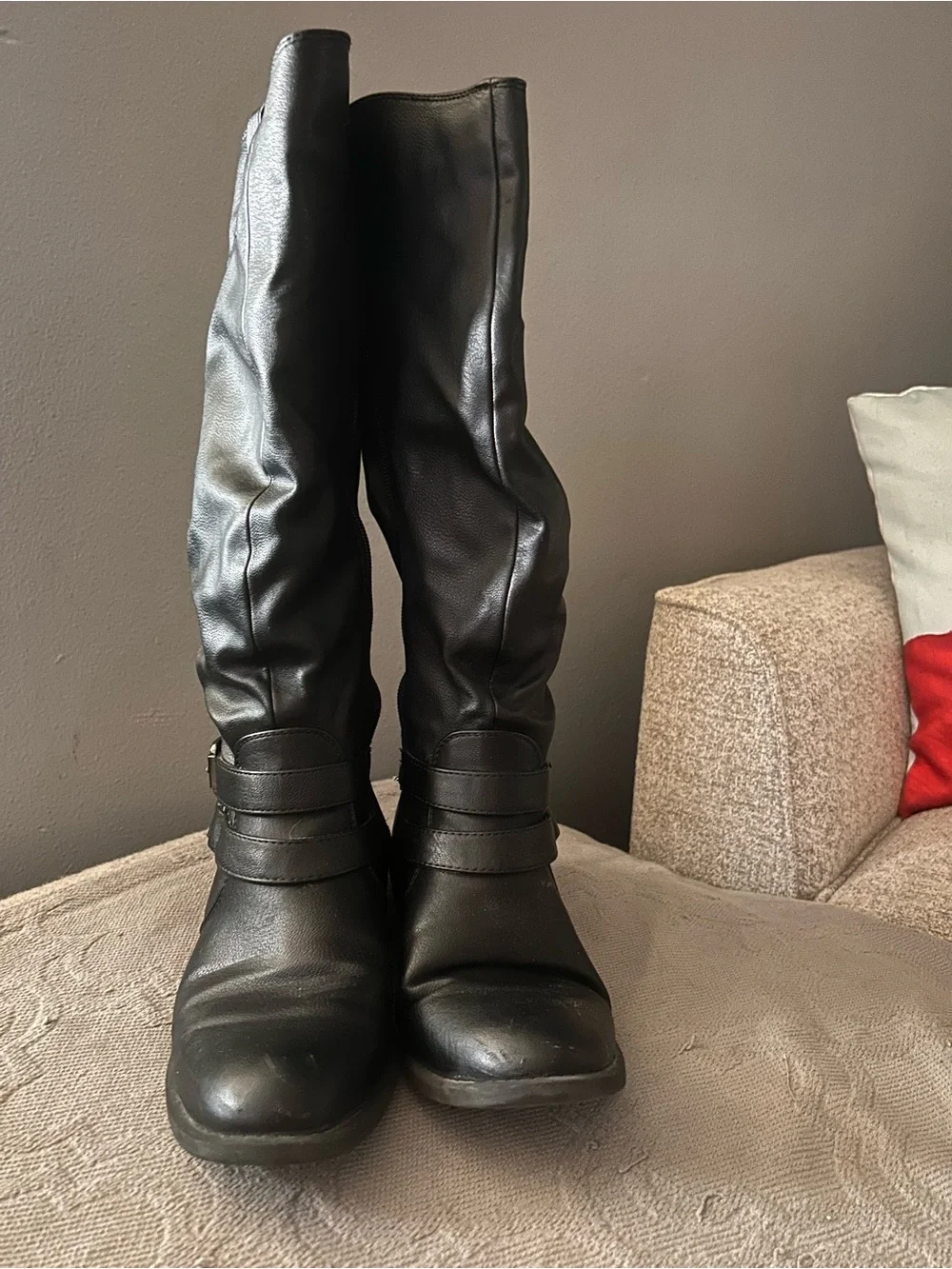Tall Black Leather Buckle Boots